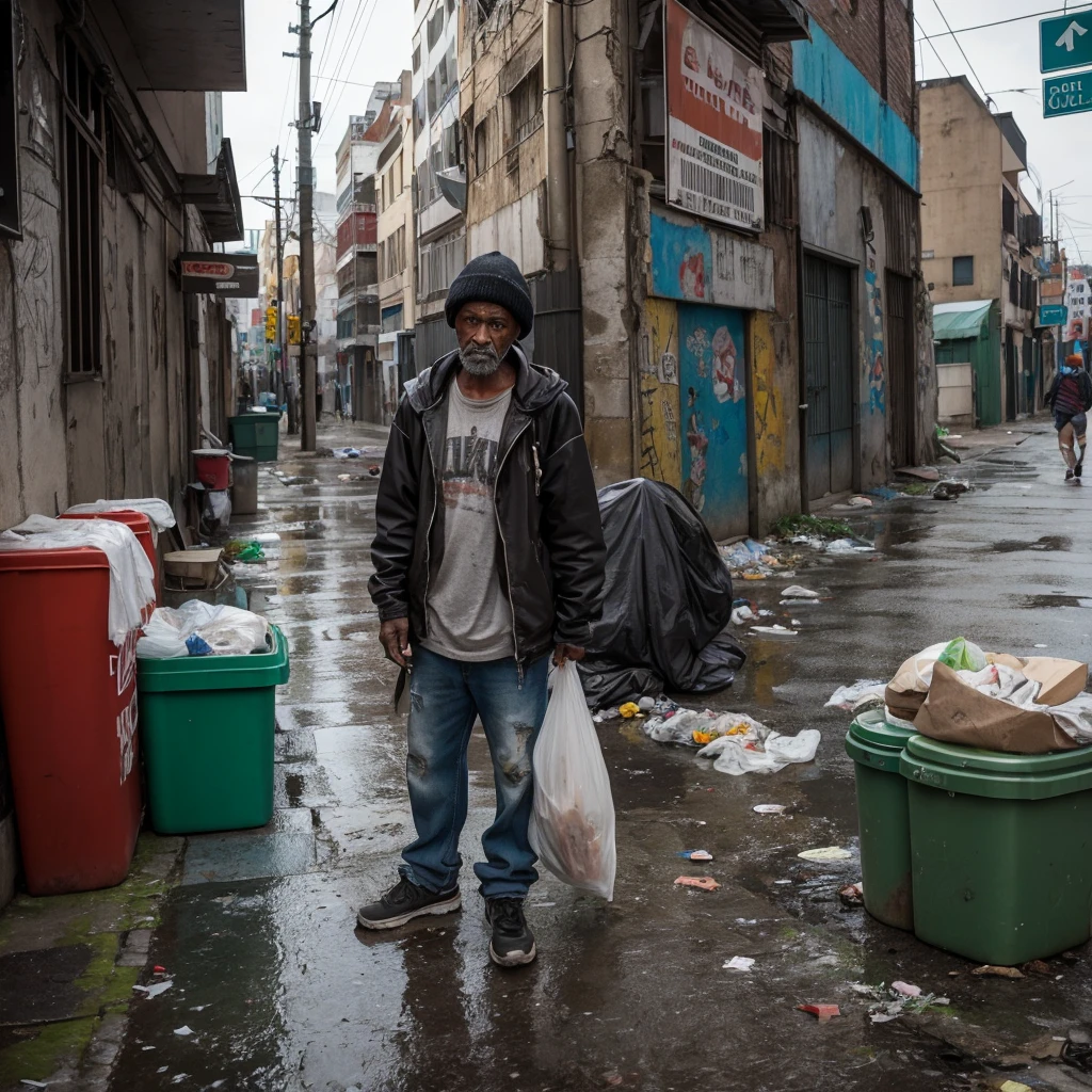 A homeless man wearing tattered, worn-out clothes is collecting garbage on a city street. His face shows signs of fatigue and hardship. The background features a dirty alleyway with graffiti on the walls and overflowing trash bins. The scene is set during the daytime with a gray, overcast sky. The overall atmosphere is somber and gritty, capturing the harsh realities of urban life.