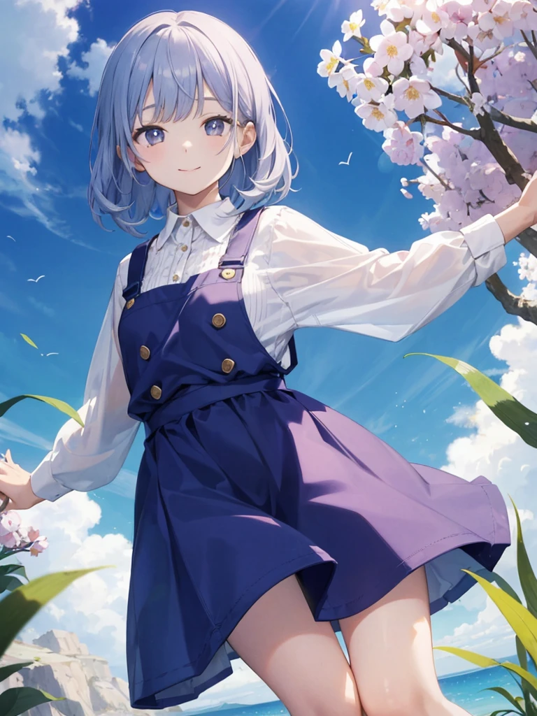 tmasterpiece, A high resolution, Best quality at best, ultra - detailed, Perfect litthing, gawrgura, frill dress, ssmile, ((rays of sunshine)), ((flower field)), detailedbackground,Purple colored hair