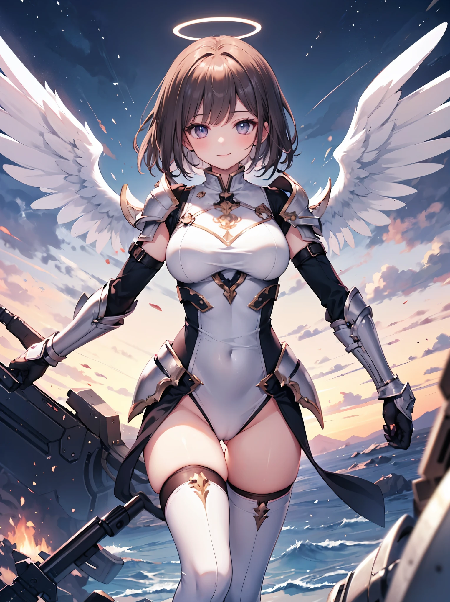 fantasy, 1angel_girl,(_teen:, ,brown_hair, medium_bob_hair, long_bangs, halo,bare_shoulder,thighhighs,silver_armor, waist_armor, large_breasts,1pair_wings, dynamic_pose_fighting,floating, bare_crotch, headgear,gauntlet, greaves,city_landscape_background,slightly_spread_legs, solo, groin_naked,smile