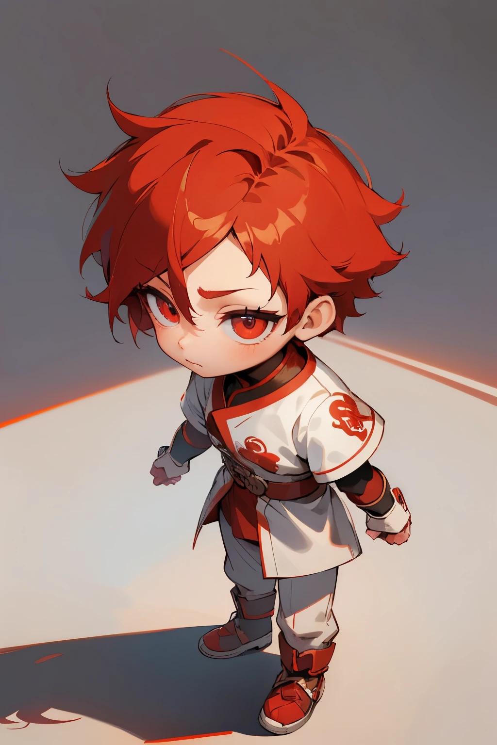 boy, full body, side view, say sorry, cartoon style, chibi style, cute, beautiful face, red color eye, beautiful eye, high detailed pupil, double eyelid, high detailed skin, high quality skin, red color hair, white clothes, professional lighting, real shadow, masterpiece,