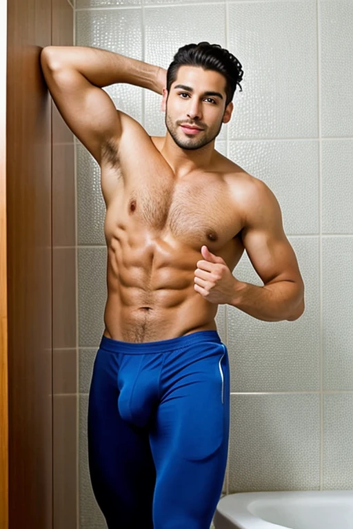 Handsome bulge man dancing in the bathroom 