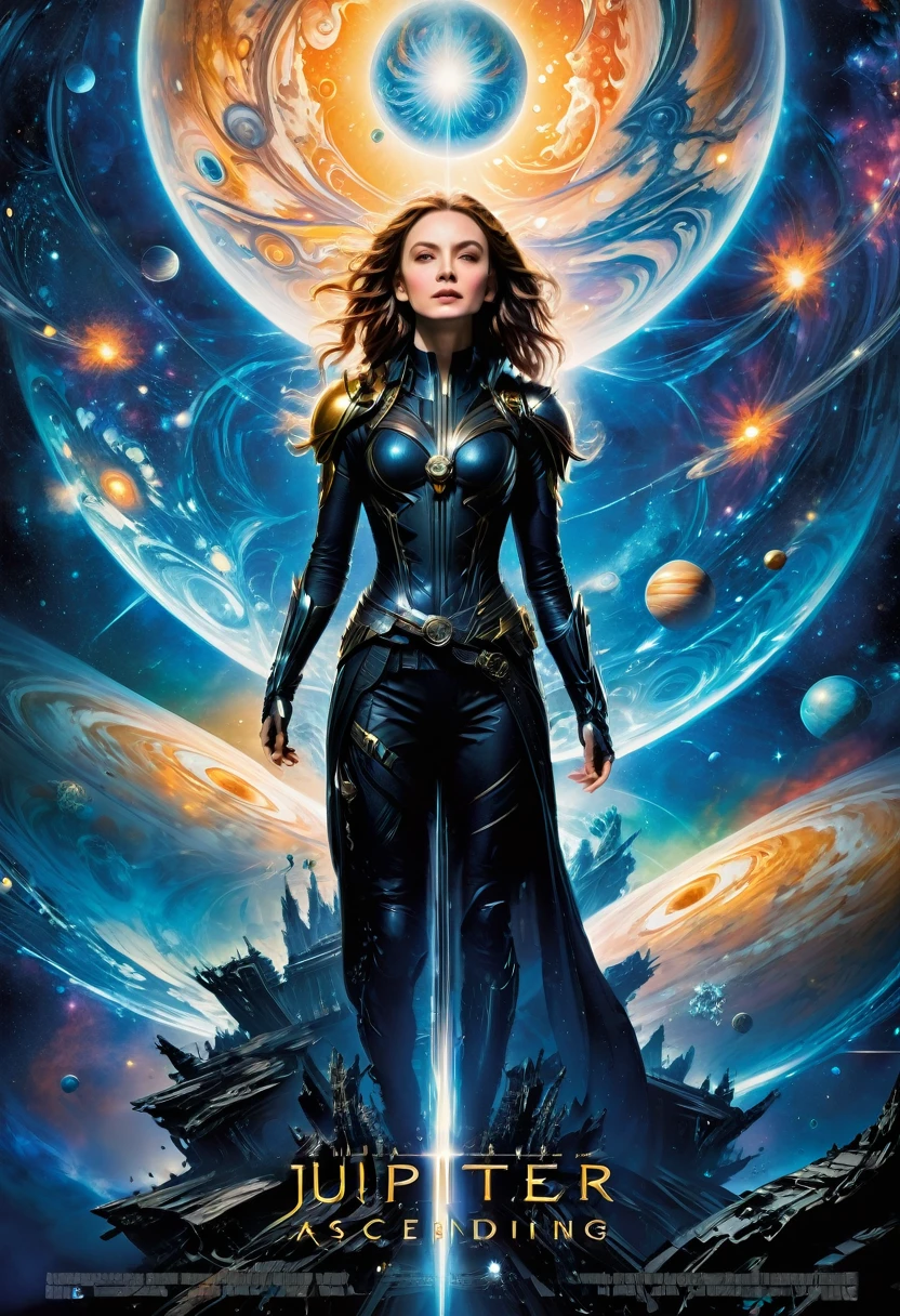 Jupiter Jones in "Jupiter Ascending" movie poster, woman clothing, by Dustin Nguyen, best quality, masterpiece, very aesthetic, perfect composition, intricate details, ultra-detailed