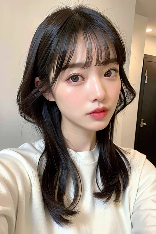 (masterpiece:1.3), (8k, Realistic, RAW Photos, Best image quality: 1.4), (Random Hairstyles:1.2)、Mid-chest、(Highly detailed face)、Attention to eye detail、Attention to detail、Perfect double eyelids、(Dark Eyes)、(Sharp focus:1.2)、Beautiful woman:1.4、30-year-old woman、((Black Hair))、Chest-length hair、Ultra-high resolution、super high quality、Symmetrical face、Photo level、8k最高画質はフル、The face is very realistic、Extremely realistic skin、Realistic light and shadow effects、Professional lighting from the front、((From the waist up))、White sweatshirt、Sweatshirts up to the thighs、outside、Town