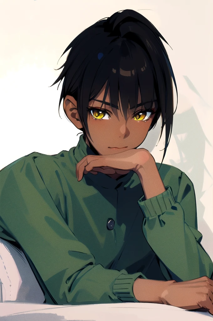 solo, best quality, masterpiece, extremely detailed CG, extremely detailed 8K wallpaper, extremely detailed character, (an extremely delicate and beautiful portrait), portrait, solo, sharp focus, dark skinned tomboy girl with (((sides shaved))) head, black hair, yellow eyes, detailed close-up portrait, head rest pose