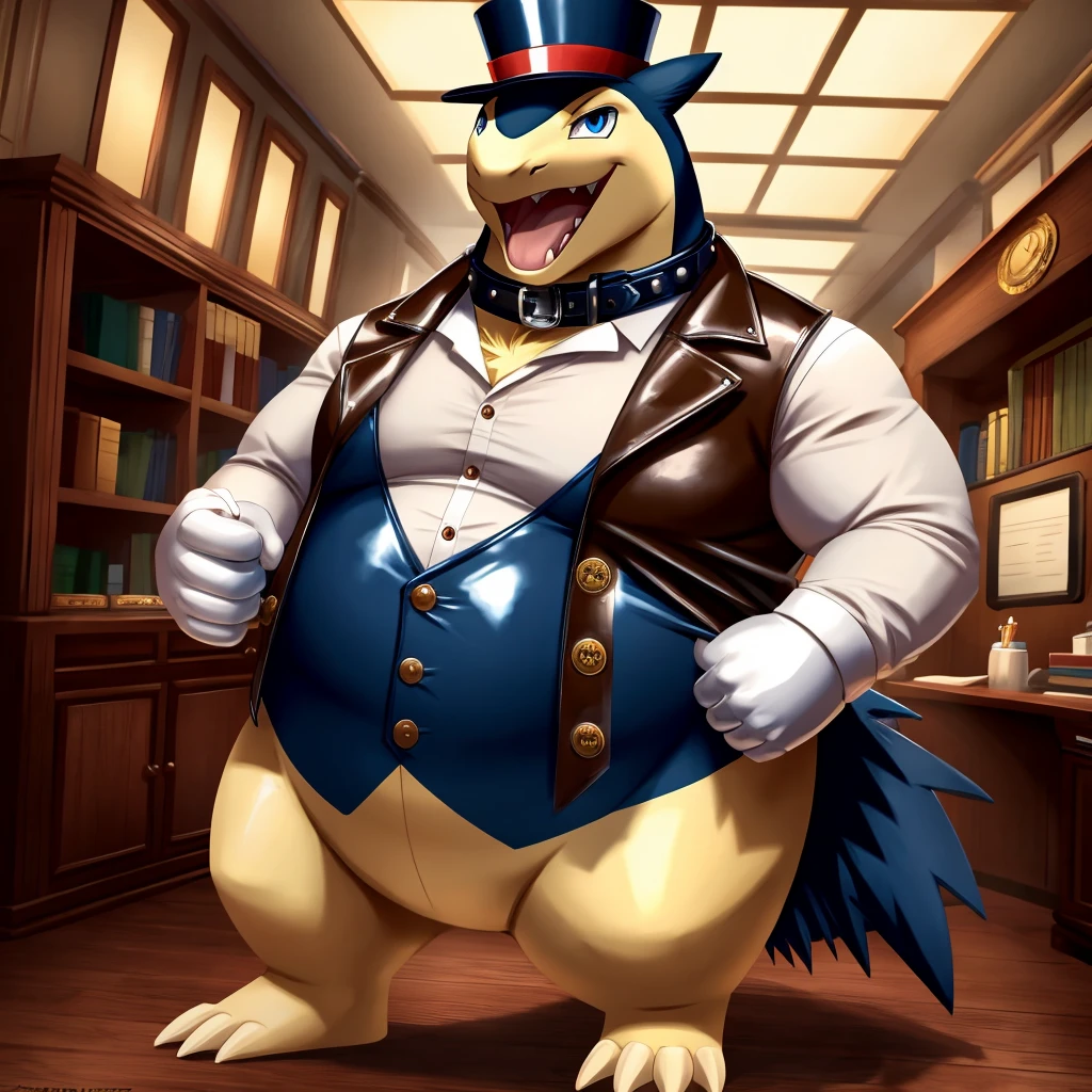 Solo, Male, fat, extremely obese, gentleman, dapper Professor Typhlosion, steampunk, blue eyes, (posing:1.3), (soft shading), 4k, hi res, ((detailed face, detailed)), looking at viewer, mouth wide open, evil laugh, dapper clothing, collared shirt with buttons, top hat, male focus, Explorer Outfit, glasses, monocle, vest with buttons, sleeves rolled up, round eyewear, brown headwear, brown vest, office, Typhlosion is wearing a glossy leather dog collar around the neck, Typhlosion is wearing the leather collar and shirt and vest at the same time, Typhlosion is wearing glossy white rubber gloves on the hands, wearing white rubber gloves on the feet, gloves are rubber in texture, clenching fists, leather collar is glossy and shiny with a lot of detail, Typhlosion is wearing gloves and leather collar at the same time, leather collar has a round dog-tag, leather collar is thick and detailed, leather collar is glossy and shiny, fancy clothing, dapper vest, dapper shirt, leather collar is thick, glossy leather collar.