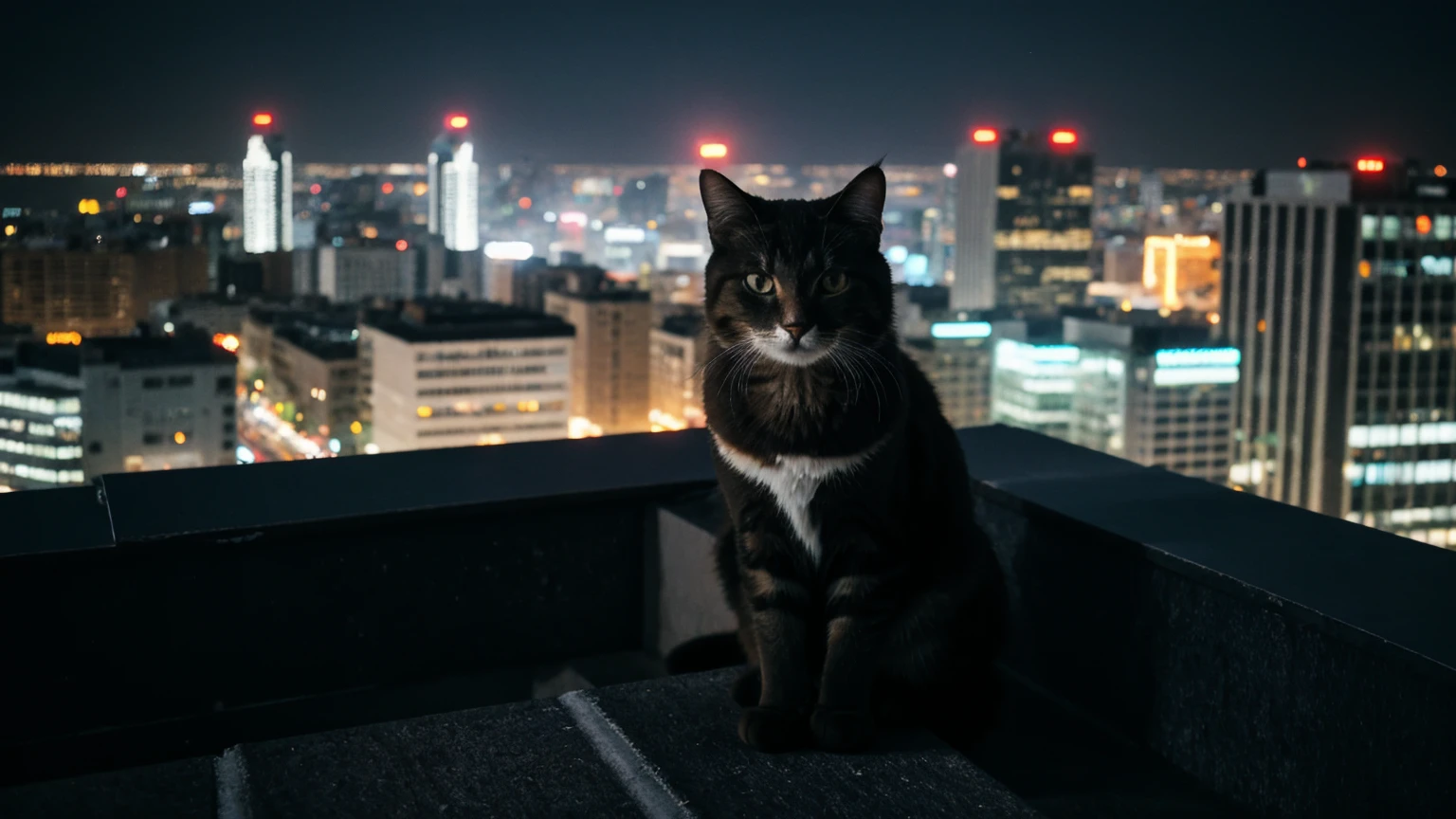 landscape, no one, city, skyscrapers, roof of a tall building, front view, a cat stands on the parapet looking down, night, neon lights, illustration, cinematic lighting, close-up, from above, blurry, first-person view, UHD, best quality, 4K