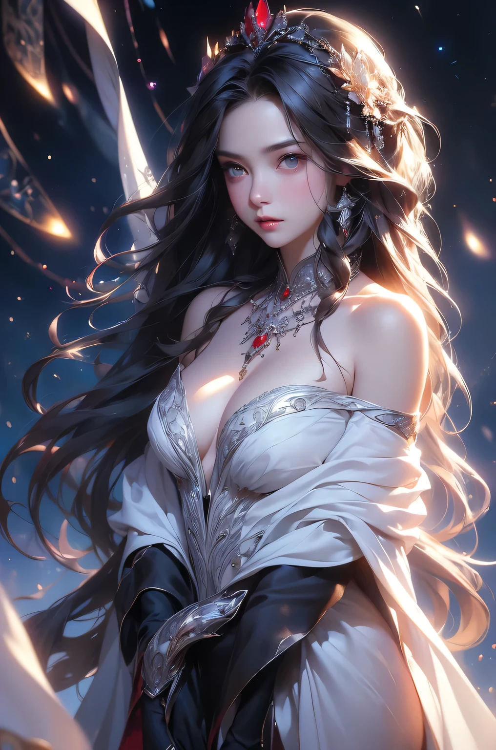 (masterpiece:1.5, Highest quality, Very detailed、 Dutch Angle、Semi-realistic、Fantasy)(One Girl, alone)(White and beautiful hair:1.4,,Straight Long Hair)(Dress in black tones、Fantasy Costume)、((Off the shoulder、Mid-chest、ruby necklace))(Beautiful cleavage、Legs wrapped in tights)(Beautiful starry sky、Mystical Night、Particles of light float around the woman、Fantasy space) Waiting to start