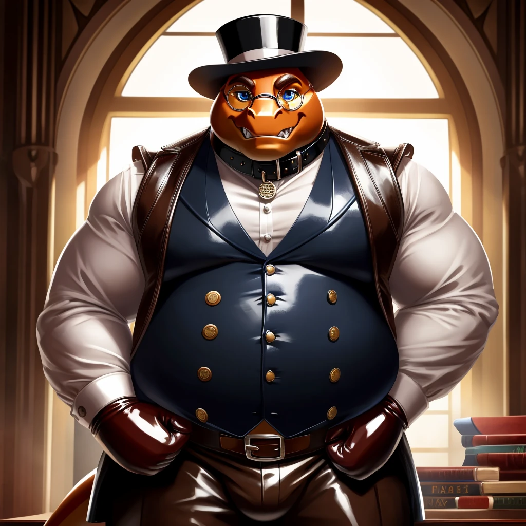 Solo, Male, fat, extremely obese, gentleman, dapper Professor Dragon, blue eyes, (posing:1.3), (soft shading), 4k, hi res, ((detailed face, detailed)), looking at viewer, mouth wide open, steampunk, dapper clothing, collared shirt with buttons, top hat, male focus, Explorer Outfit, glasses, monocle, vest with buttons, sleeves rolled up, round eyewear, brown headwear, brown vest, office, Dragon is wearing a glossy leather dog collar around the neck, Dragon is wearing the leather collar and shirt and vest at the same time, Dragon is wearing glossy white rubber gloves on the hands, wearing white rubber gloves on the feet, gloves are rubber in texture, clenching teeth, clenching fists, leather collar is glossy and shiny with a lot of detail, Dragon is wearing gloves and leather collar at the same time, leather collar has a round dog-tag, leather collar is thick and detailed, leather collar is glossy and shiny, fancy clothing, dapper vest, dapper shirt, leather collar is thick, glossy leather collar.