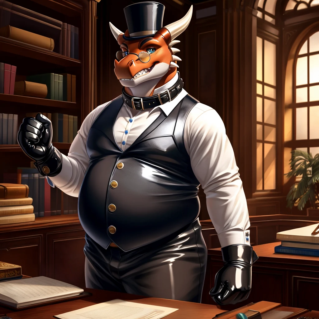 Solo, Male, fat, extremely obese, gentleman, dapper Professor Dragon, blue eyes, (posing:1.3), (soft shading), 4k, hi res, ((detailed face, detailed)), looking at viewer, mouth wide open, steampunk, dapper clothing, collared shirt with buttons, top hat, male focus, Explorer Outfit, glasses, monocle, vest with buttons, sleeves rolled up, round eyewear, brown headwear, brown vest, office, Dragon is wearing a glossy leather dog collar around the neck, Dragon is wearing the leather collar and shirt and vest at the same time, Dragon is wearing glossy white rubber gloves on the hands, wearing white rubber gloves on the feet, gloves are rubber in texture, clenching teeth, clenching fists, leather collar is glossy and shiny with a lot of detail, Dragon is wearing gloves and leather collar at the same time, leather collar has a round dog-tag, leather collar is thick and detailed, leather collar is glossy and shiny, fancy clothing, dapper vest, dapper shirt, leather collar is thick, glossy leather collar.