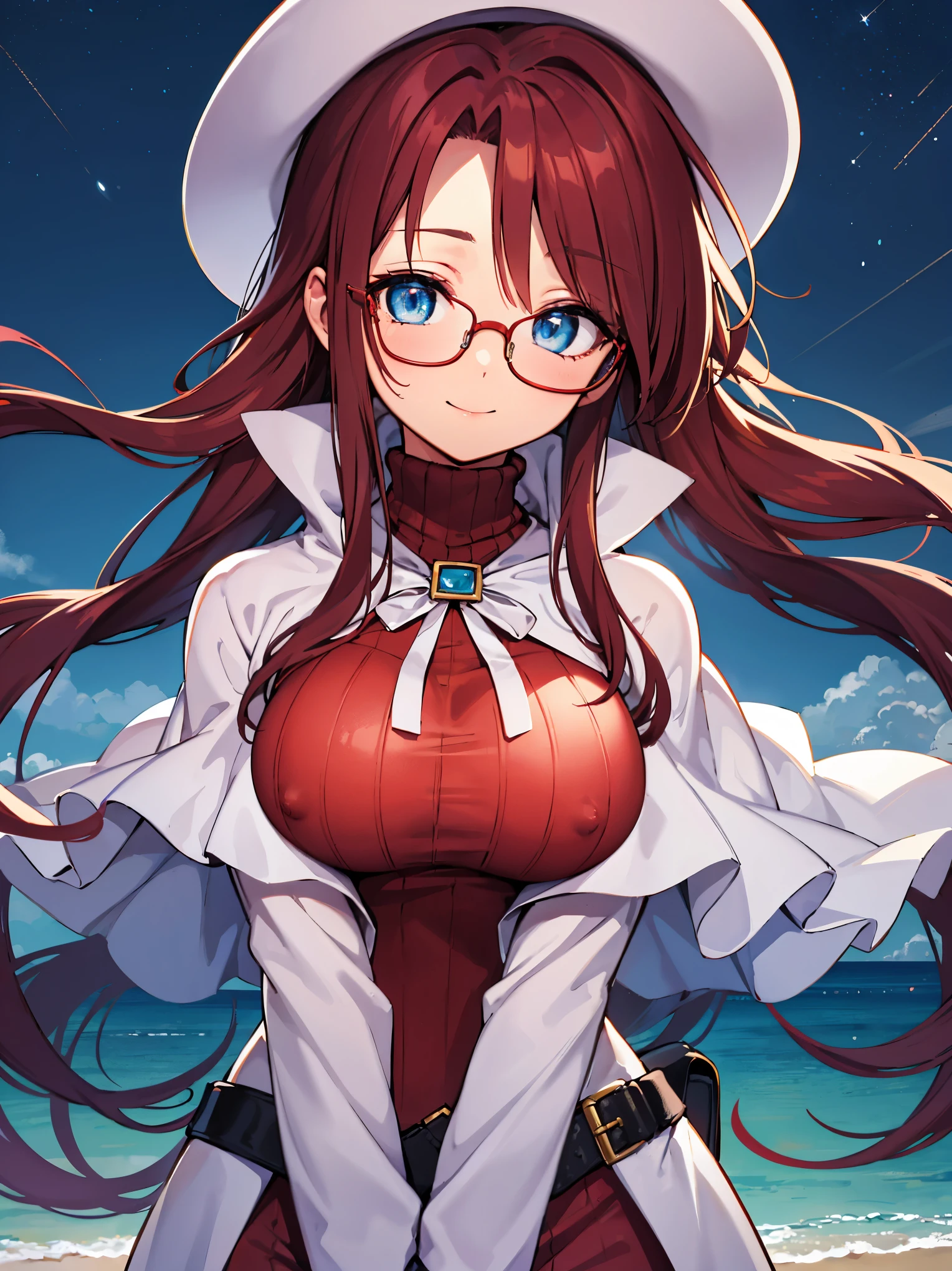 summonnightaty, aty, ),long hair, blue eyes, red hair, big_tits, hat, glasses, BREAK long hair,, hat, dress,glasses, cape, sweater, beret,ribbed sweater,,solo, BREAK outdoors, fantasy, BREAK (masterpiece:1.2), best quality, high resolution, unity 8k wallpaper, (illustration:0.8), (beautiful detailed eyes:1.6), extremely detailed face, perfect lighting, extremely detailed CG, perfect anatomy),covered_nipples,half_eyes,sleepy_eyes,red_sweater,magical_effect,,Smile,solo,beach_sky_landscape,night_sky,solo,portrait,bust up,