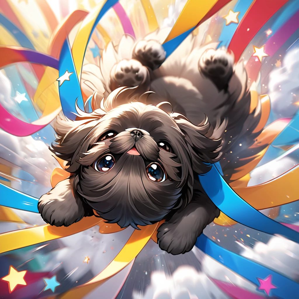 Ultra-small deformation,pop art, (from above), A black Shih Tzu puppy is curling up in the air, surrounded colorful ribbons and particles shaped star, falling through the air, lie on back spreading arms and legs wide, close up happily expression toward the viewer, smoke screen, speed line, Dynamic Motion Blur, Dynamic action scenes
