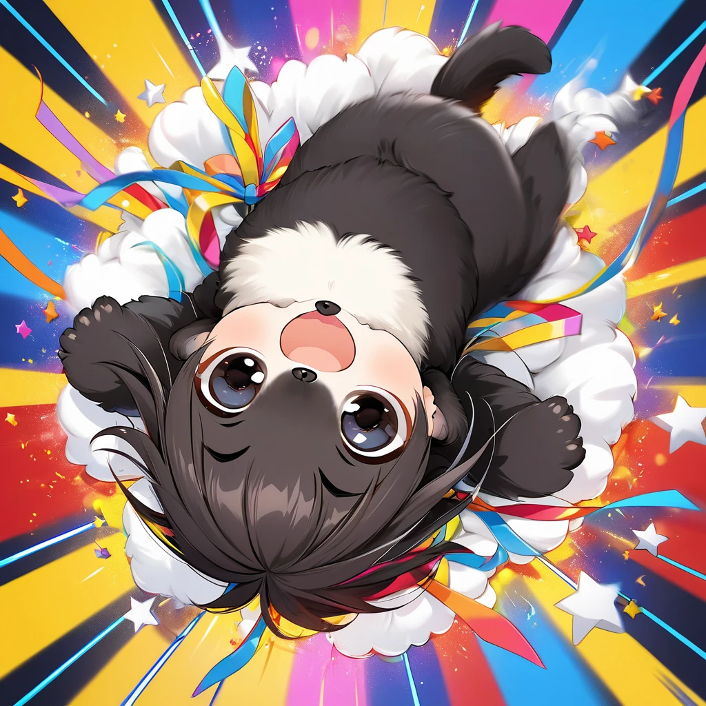 Ultra-small deformation,pop art, (from above), A black Shih Tzu puppy is curling up in the air, surrounded colorful ribbons and particles shaped star, falling through the air, lie on back spreading arms and legs wide, close up happily expression toward the viewer, smoke screen, speed line, Dynamic Motion Blur, Dynamic action scenes