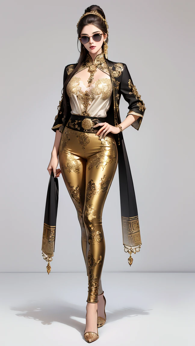 ((best quality,4k,highres,masterpiece:1.2)),((character concept art)), 1 female, age 25, Chinese Hong Kong, Hong Kong Elite, eldest sister, triad female leader, Known for her impeccable fashion sense and elegant demeanor, she is a true embodiment of the Versace brand. Her body language is as captivating as her style, always exuding confidence and high fashion. (((She's wearing an exquisite Versace Barocco-print Shirt in Silk and Barocco-print leggings gold-tone/white/black, a true testament to the brand's luxurious aesthetic.))) Paired with Versace Medusa Tribute Sandals, she carries her ensemble with an air of effortless sophistication. Her accessories include a Versace Medusa Tribute Bag and a pair of Versace Tribute Sunglasses, enhancing her overall look. ((intricate detail)), super finely detailed hands, ultra finely detailed fingers(((ten fingers))), (standing still with confidently), (full body showcase), (show full body), (no logos on background), (no logo), ((plain background)), ((plain background)), (((empty background))).