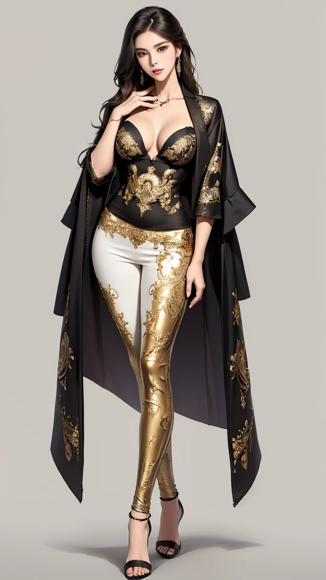 ((best quality,4k,highres,masterpiece:1.2)),((character concept art)), 1 female, age 25, Chinese Hong Kong, Hong Kong Elite, eldest sister, triad female leader, Known for her impeccable fashion sense and elegant demeanor, she is a true embodiment of the Versace brand. Her body language is as captivating as her style, always exuding confidence and high fashion. (((She's wearing an exquisite Versace Barocco-print Shirt in Silk and Barocco-print leggings gold-tone/white/black, a true testament to the brand's luxurious aesthetic.))) Paired with Versace Medusa Tribute Sandals, she carries her ensemble with an air of effortless sophistication. Her accessories include a Versace Medusa Tribute Bag and a pair of Versace Tribute Sunglasses, enhancing her overall look. ((intricate detail)), super finely detailed hands, ultra finely detailed fingers(((ten fingers))), (standing still with confidently), (full body showcase), (show full body), (no logos on background), (no logo), ((plain background)), ((plain background)), (((empty background))).