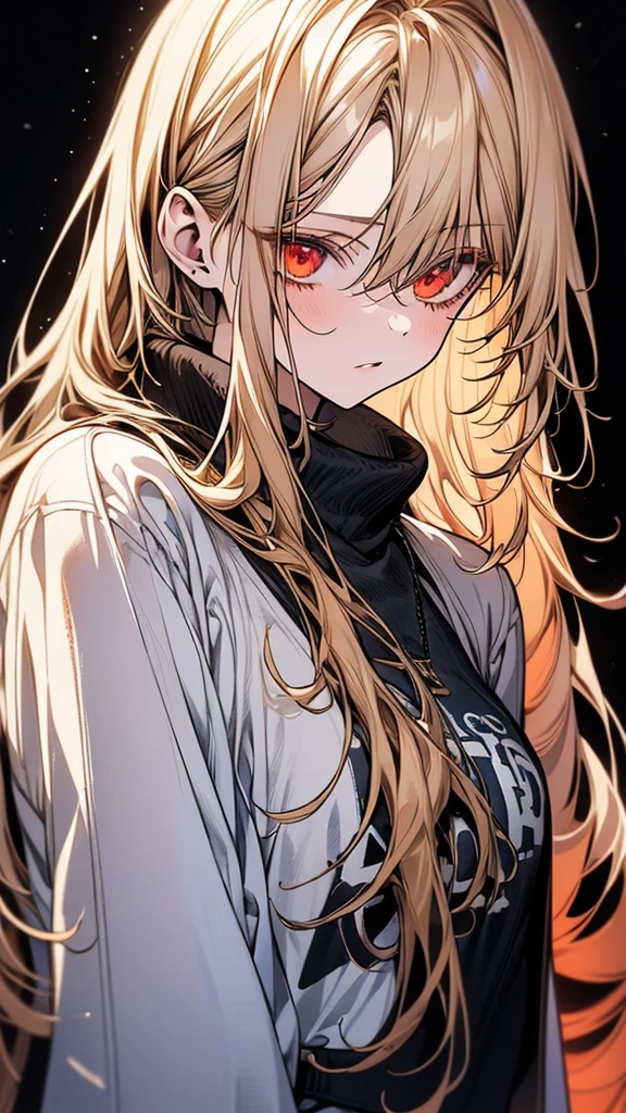 (Top resolution、Distinct_image)top-quality、(A girl) 、masterpiece、highly detailed, half body, Semi-realistic、 ( dark red eyes ) 、18year old,
( blonde hair ) ,young , (orange inside), Facial features ,variation potrait, long hair , age, cool , cold sharp eyes, , {Very detailed 8k CG unit wallpaper}, students, (white oversized shirt ) ,music club background, Handsome,cool musician , punk rock