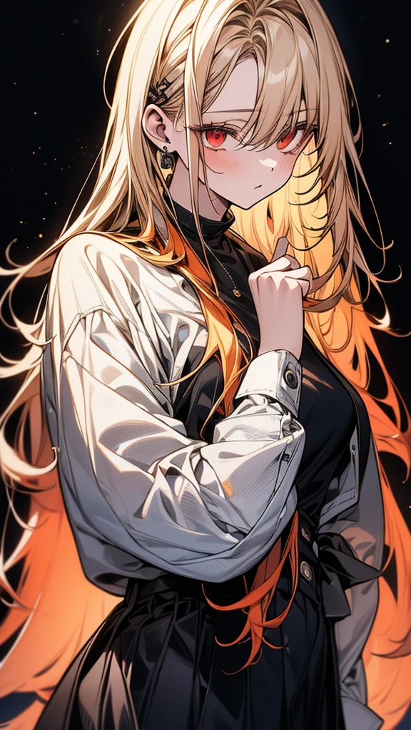 (Top resolution、Distinct_image)top-quality、(A girl) 、masterpiece、highly detailed, half body, Semi-realistic、 ( dark red eyes ) 、18year old,
( blonde hair ) ,young , (orange inside), Facial features ,variation potrait, long hair , age, cool , cold sharp eyes, , {Very detailed 8k CG unit wallpaper}, students, (white oversized shirt ) ,music club background, Handsome,cool musician , punk rock