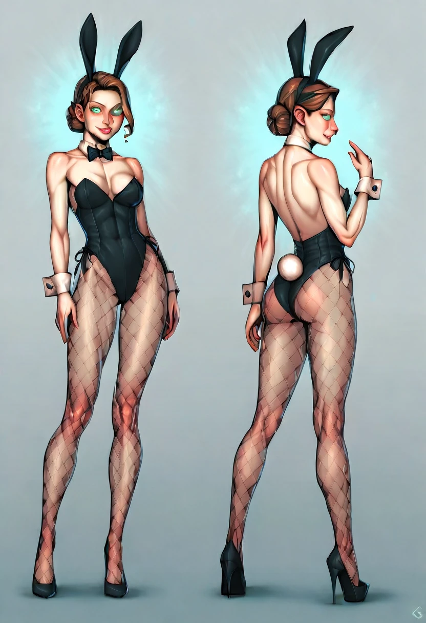 ((Masterpiece, Highest quality)), Detailed face, CharacterDesignSheet,full bodyesbian, Full of details, Multiple poses and expressions, Highly detailed, Depth, Many parts,beuaty girl,cinmatic lighting,with light glowing,Wear a bunny suit,lacepantyhose,high-heels
