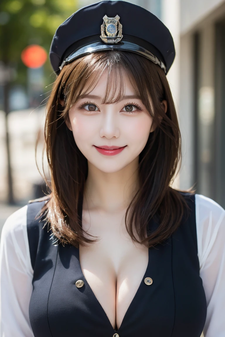 Police Officer, Highest quality, shape, Very detailed, In detail, High resolution, 8k wallpaper, Perfect dynamic composition, Beautiful details, Natural Lip, Female police officer, Big Breasts, Cleavage, She is smiling in a cute pose.., A masterpiece of the whole body, Side Short