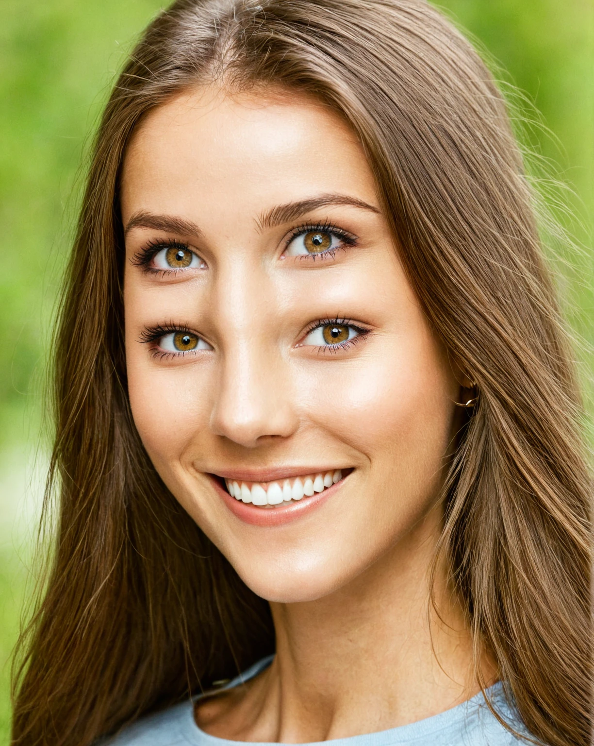 Beautiful woman from sweden, realistic eyes, realistic face, slim face, long brown hair, 20 years old, model, smiling