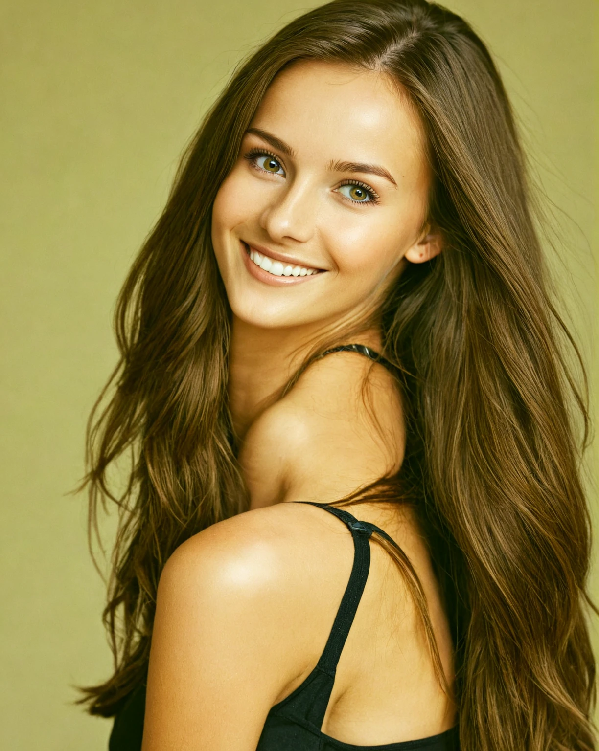 Beautiful woman from sweden, realistic eyes, realistic face, slim face, long brown hair, 20 years old, model, smiling