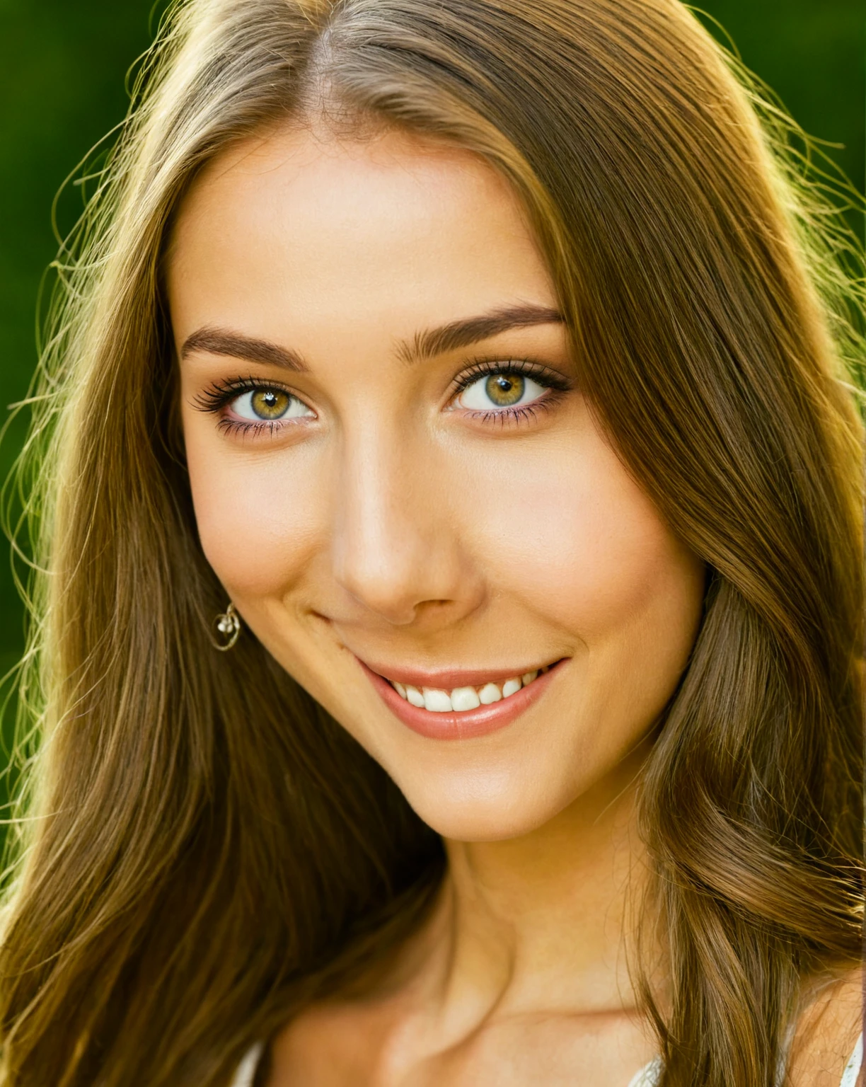 Beautiful woman from sweden, realistic eyes, realistic face, slim face, long brown hair, 20 years old, model, smiling