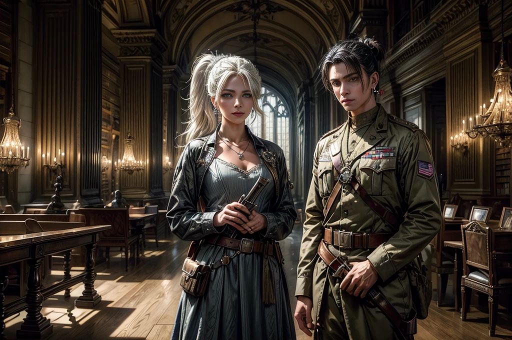 (masterpiece, best quality:1.2), cowboy shot, weissvale, smile, closed mouth, looking at viewer, long white hair, side ponytail, scar above eye, scar below eye, army dress, jewelry, necklace, earrings, standing with army in ornate library, army searching with rifles, (army in military uniform)