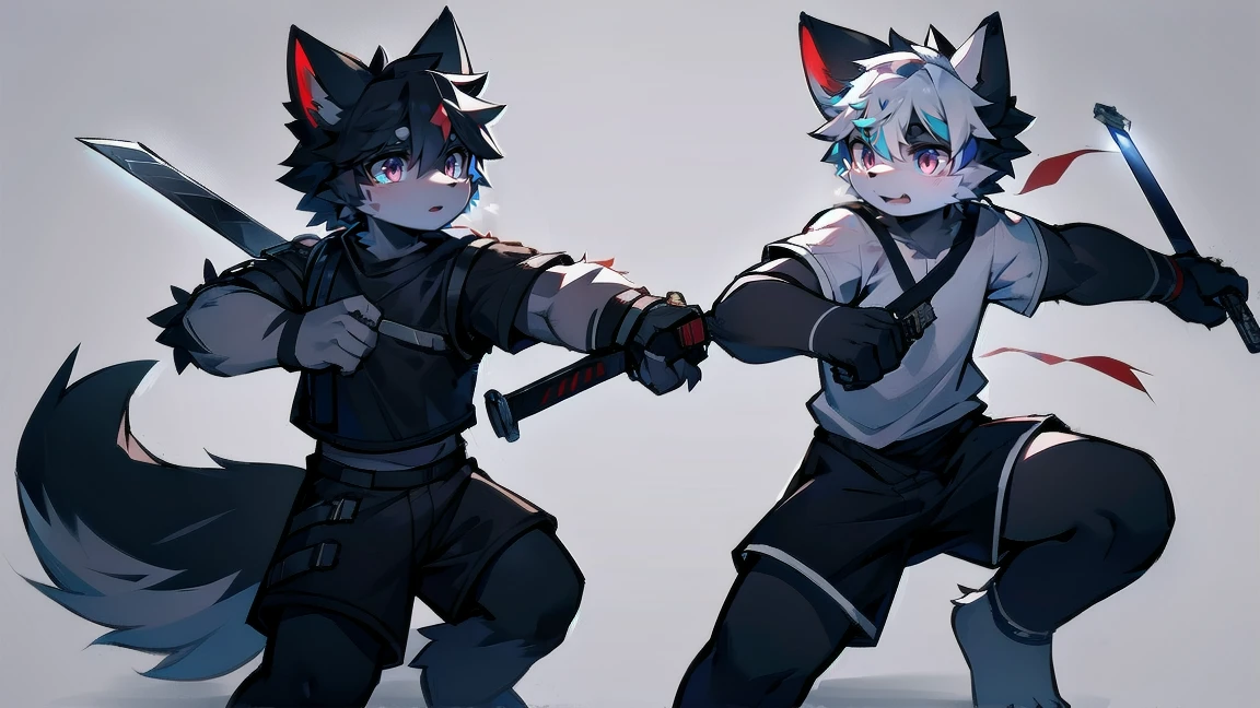 White Wolf，black hair，Red eyes，Wolf ears，Wolf Tail，juvenile，male，hairy，Hair，Half body armor，Combat uniform，Silver and black clothing，Handsome，Handsome，shorts，The forearm is exposed，leg，Fighting Stance，Duel，Two people，Anxious，Armed with a sword，Simple background，Swords