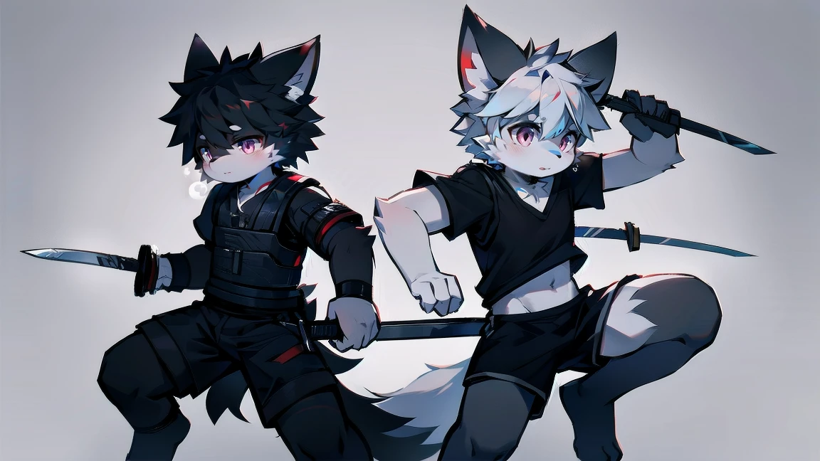 White Wolf,black hair,Red eyes,Wolf ears,Wolf Tail,juvenile,male,hairy,Hair,Half body armor,Combat uniform,Silver and black clothing,Handsome,Handsome,shorts,The forearm is exposed,leg,Fighting Stance,Duel,Two people,Anxious,Armed with a sword,Simple background,Swords