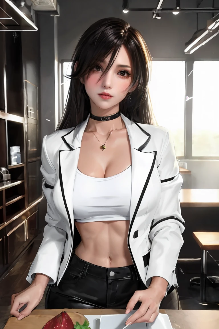 masterpiece, high resolution, screenshot, best quality, 1 girl, (There is a scar on the left eye), White cropped jacket, Very detailed, rule of thirds, jewelry, long hair, Bangs, hair between eyes