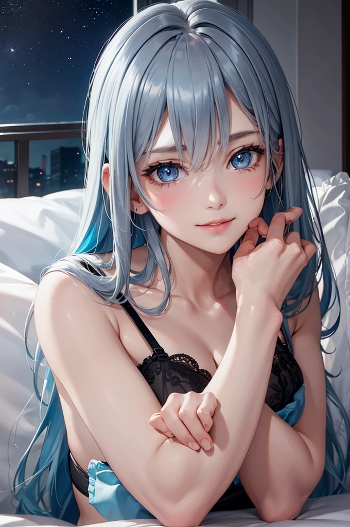 Best Quality,High resolution,8k,finelity detailed background,Masterpiece:1.2),beautiful girl,Shiny light blue hair,crossed bangs,Light blue eyes,Gentle look,A refreshing look,smile,Best quality,Best Quality,Aesthetic and aesthetic:1.2,Best details((Super detailed))(High-definition CG illustrations),Upper Body,Dark grey underwear, (dark gray),Slender body,night,moon,Bedroom,On the bed,smile,blush,cute,Scrounge,Looking up,Being spoiled,super model,wariza,shoot from,below