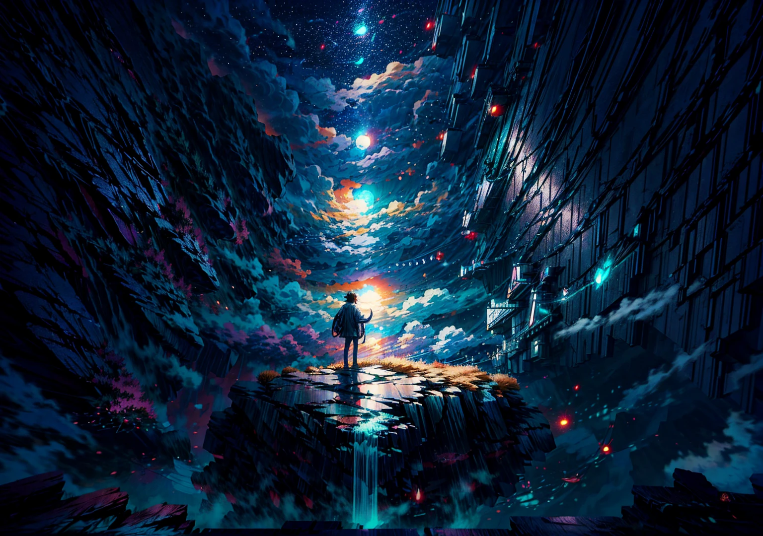 Anime boy standing on a rock looking at a sky full of stars, makoto shinkai cyril rolando, 4k anime art wallpaper, 4k anime art wallpaper, 8K anime art wallpaper, cosmic skies. por Makoto Shinkai, inspirado em Cyril Rolando, No Dan Mumford style art, amazing wallpaper, by Yuumei
