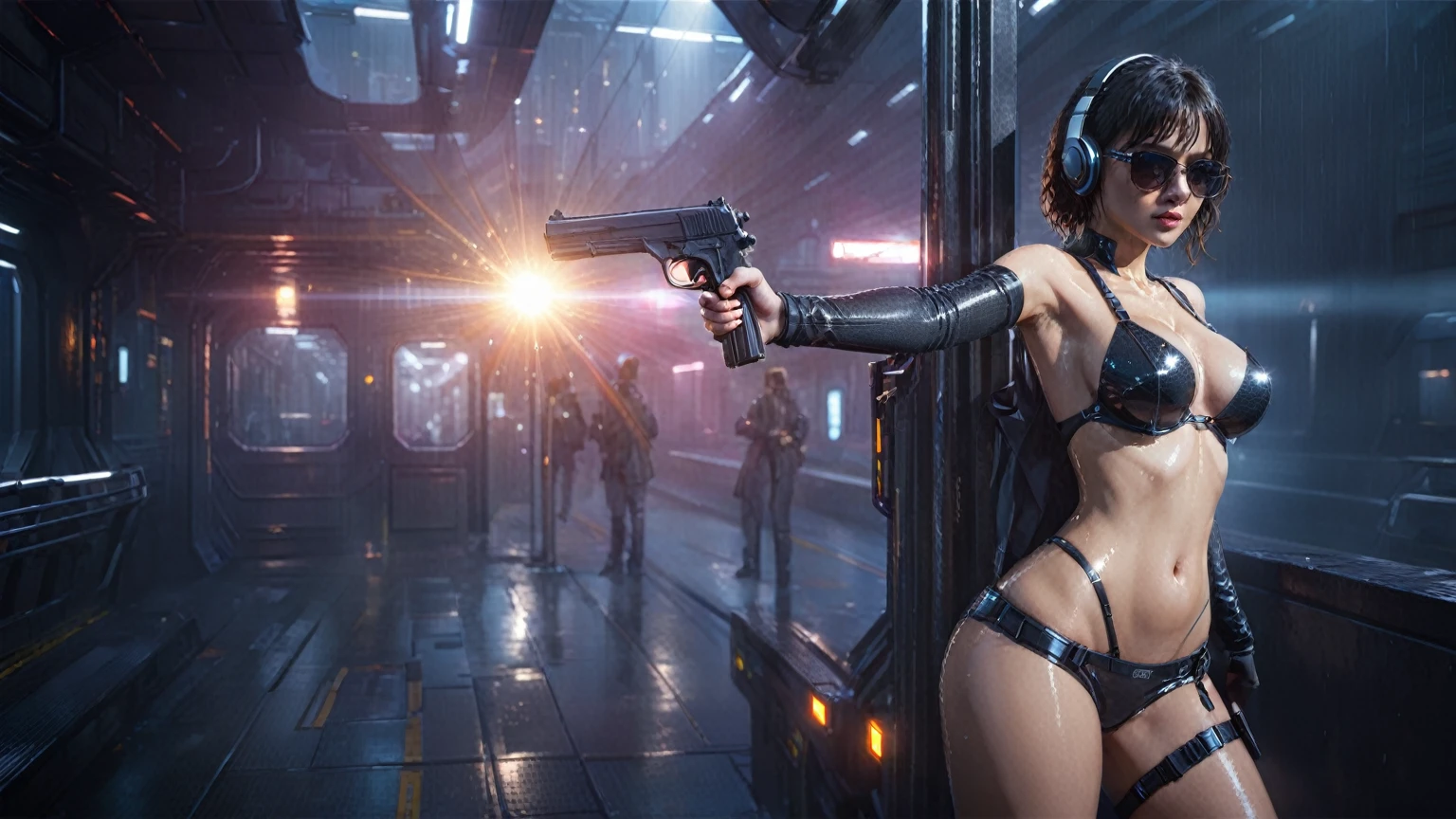 (((aerial view))), Blade Runner style futuristic railway platform, hi-tech train, neon lights, rainy night. (1hotgirl, solo, alone), large-breast:1.2 slim body, cleavage:1.1, sexy lingerie with wet jacket, headphone, (black sunglasses), (((she raised a pistol:1.8 and shot:1.8 the viewer))), dynamic pose, (((half-body thigh level medium shot))), cinematic lighting, lens flare, ray tracing, blurred:1.4 background.