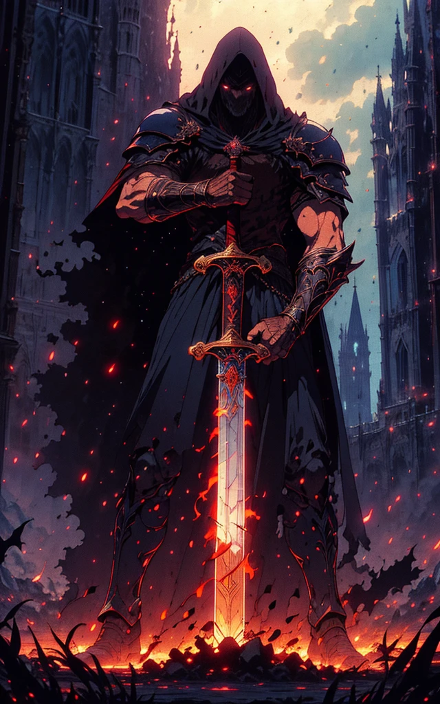 A black man knight holding a sword in a castle, Symbolism, retro anime, textured (best quality, ultra-detailed, realistic:1.37), vibrant colors, dramatic lighting, moody atmosphere, towering gothic architecture, swirling mist, intricate engravings, weathered stone walls, mystical aura, intense gaze, epic battle scene, mystical runes, glowing eyes, haunting shadows, ethereal glow, ancient tapestries, mysterious symbols, dark and foreboding skies, dramatic perspective, hero's stance, cinematic composition, dynamic motion, sword glinting, thunderous storm, hauntingly beautiful, enchanted atmosphere, surreal elements, mystical creatures, otherworldly presence.