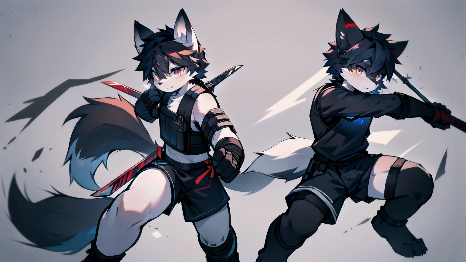 White Wolf,black hair,Red eyes,Wolf ears,Wolf Tail,juvenile,male,hairy,Hair,Half body armor,Combat uniform,Silver and black clothing,Handsome,Handsome,shorts,The forearm is exposed,leg,Fighting Stance,Duel,Two people,Anxious,Armed with a sword,Simple background,Swords