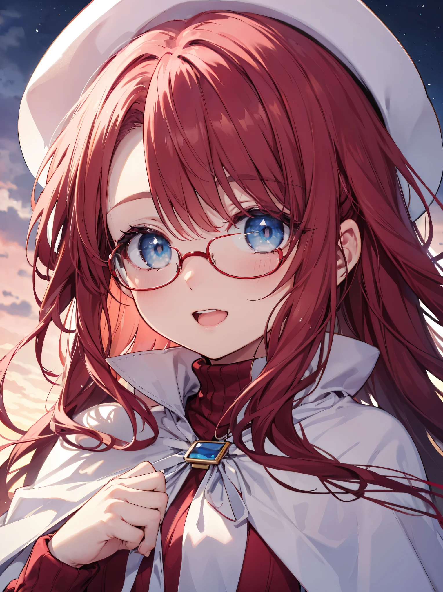 summonnightaty, aty, (young:1.3),long hair, blue eyes, red hair, big_tits, hat, glasses, BREAK long hair,, hat, dress,glasses, cape, sweater, beret,ribbed sweater,,solo, BREAK outdoors, fantasy, BREAK (masterpiece:1.2), best quality, high resolution, unity 8k wallpaper, (illustration:0.8), (beautiful detailed eyes:1.6), extremely detailed face, perfect lighting, extremely detailed CG, perfect anatomy),covered_nipples,half_eyes,sleepy_eyes,red_sweater,magical_effect,,Smile,open_mouth,solo,beach_sky_landscape,night_sky,solo,portrait,bust up,