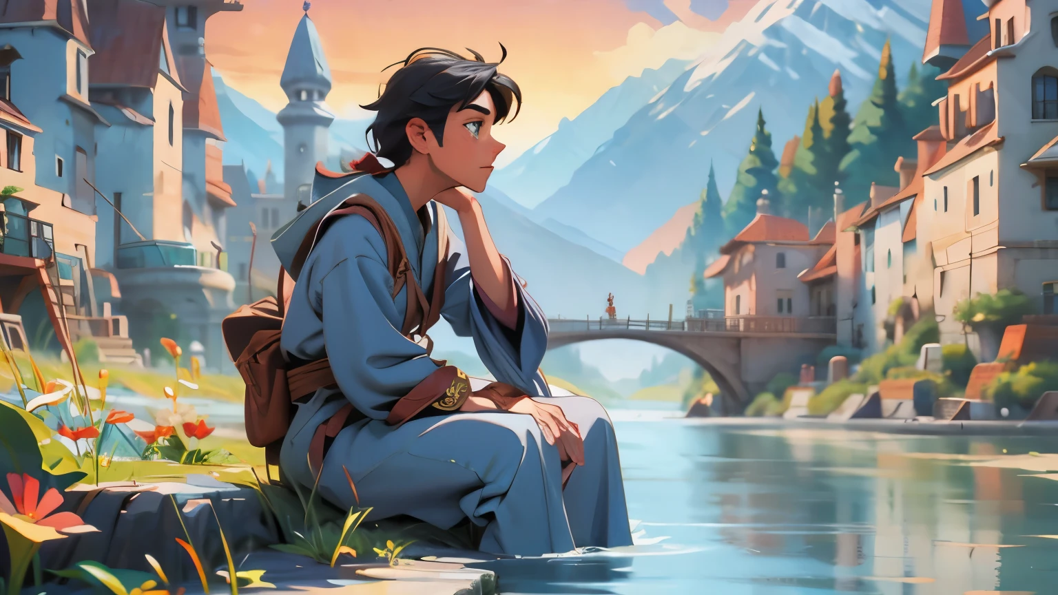 ((solo boy)) ((4ki mages)) (realistic scenery)) sitting by the river, reflecting on the journey, his expression peaceful and content as he watches the water flow.