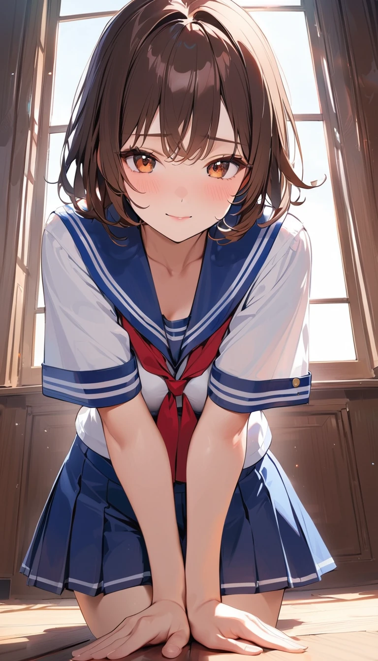 super detail, best quality, a woman , Wear Sailor suit, Dark brown hair,Medium Hair,Cute pose