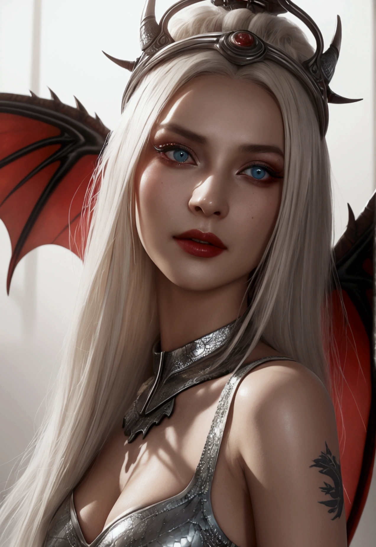 a very complex hypermaximalistic over-detailed cinematic tribal fantasy close-up portrait of a heavenly beautiful young royal dragon queen with long platinum blonde hair fluttering in the wind and wings of dragon scales, a magical collection, pale moist skin, dark eyes and red lipstick, flirting, smiling, seductive passion, bright high contrast, by Andrey Riabovitchev, tomasz alen kopera,moleksandra schaslyva, peter mohrbacher, Omnious intracate, octane, moebius, arney freytag, Fashion photoshoot, glamorous pose, trends on ArtStation, dramatic lighting, ice, fire and smoke, Orthodox symbolism Diesel punk, fog, ambient occlusion, volumetric lighting, Bioshock, glamorous, emotional, tattoos, shot in a photo studio, professional studio lighting, backlit, rim lighting, Deviant art, hyperdotal illustration, 8k