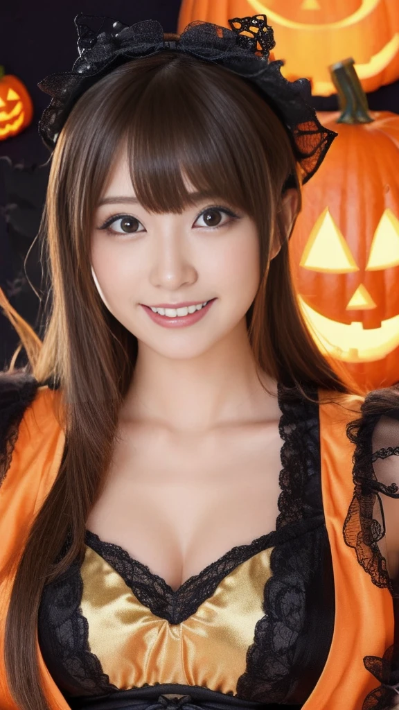 (upper body photo,a 26 year old japanese girl, detailed face, beautiful detailed eyes, beautiful charming smile, extremely detailed face, cute, anime style, halloween party:2.0), colorful lights, pumpkin decorations, haunted house, fog, spooky atmosphere, (best quality, 4k, highres, masterpiece:1.2), realistic, photorealistic, photo-realistic, vivid colors, intricate details, fantasy, soft lighting, magical