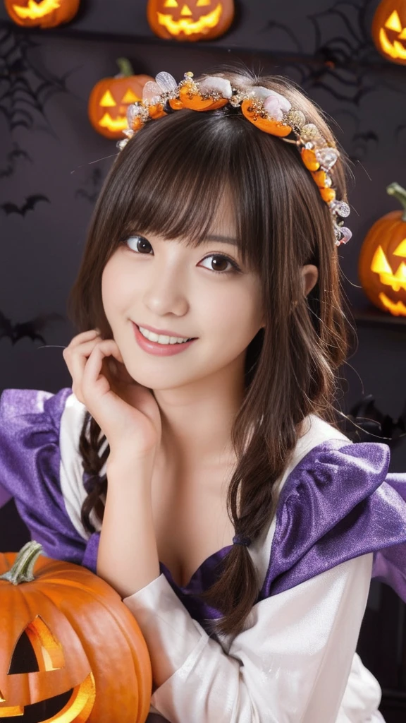 (upper body photo,a 26 year old japanese girl, detailed face, beautiful detailed eyes, beautiful charming smile, extremely detailed face, cute, anime style, halloween party:2.0), colorful lights, pumpkin decorations, haunted house, fog, spooky atmosphere, (best quality, 4k, highres, masterpiece:1.2), realistic, photorealistic, photo-realistic, vivid colors, intricate details, fantasy, soft lighting, magical