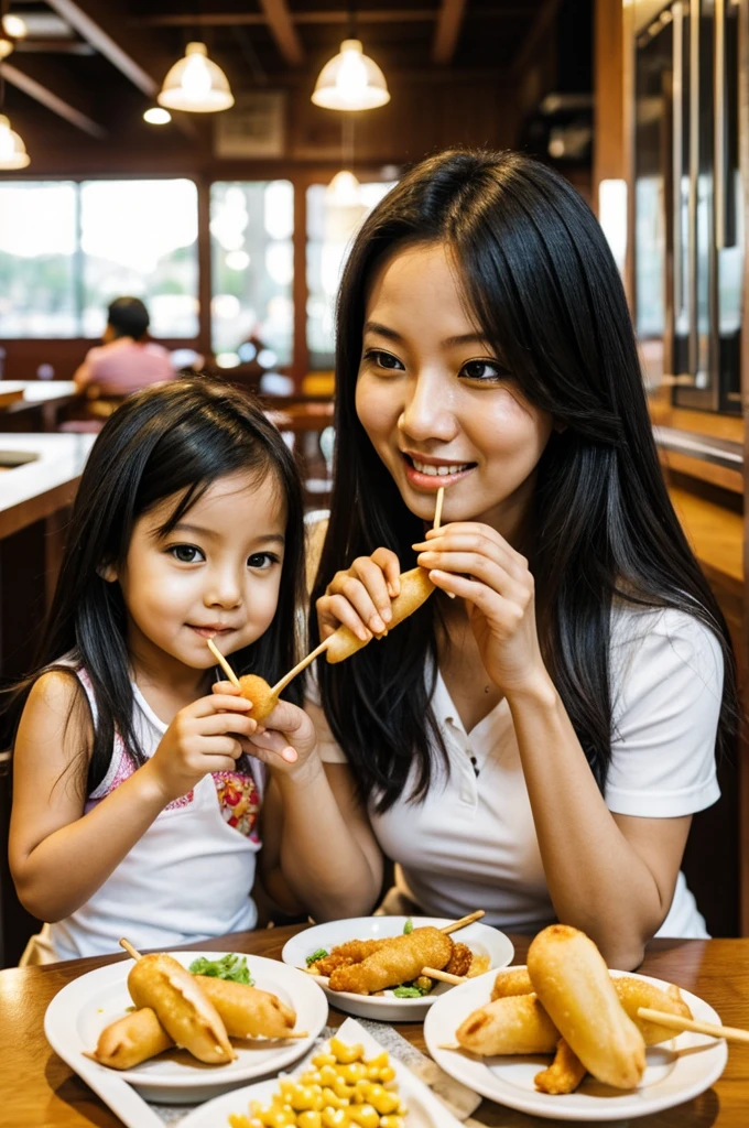 Mom eating Korean corndogs with her daughter