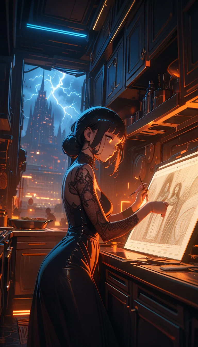 ((best quality)) , ((masterpiece)) , (detailed),designed by ilya kuvshinov, giuseppe dangelico pino, michael garmash, rob rey and disney, digital art, (Woman:1.1) , wearing Lace Shuka, Best quality, Thunderstorm, blueprint, kitchen scenes, subdued tones, Symbolist, intricate ironwork, unpredictable results, German Impressionism, drawing, cityscape, sci-fi, highly intricate, illustrious, detailed, delicate, fine polished