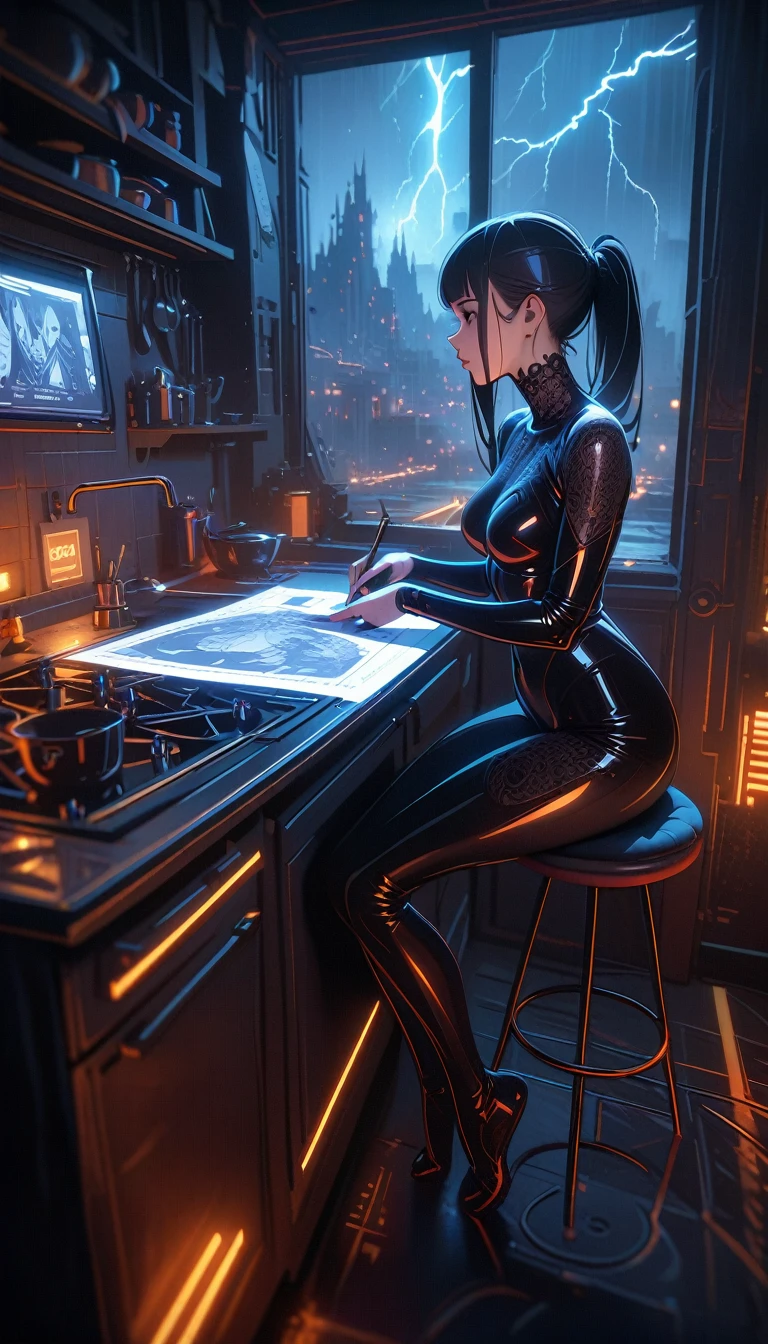 ((best quality)) , ((masterpiece)) , (detailed),designed by ilya kuvshinov, giuseppe dangelico pino, michael garmash, rob rey and disney, digital art, (Woman:1.1) , wearing Lace Shuka, Best quality, Thunderstorm, blueprint, kitchen scenes, subdued tones, Symbolist, intricate ironwork, unpredictable results, German Impressionism, drawing, cityscape, sci-fi, highly intricate, illustrious, detailed, delicate, fine polished