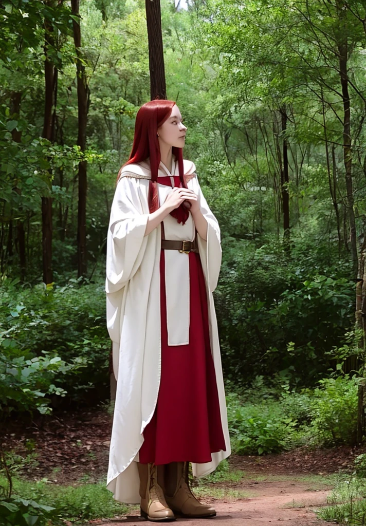 1 girl, solo,  10 years old, bright ruby red straight hair,snow-white porcelain skin, bright amber eyes, in peasant clothes (dress shirt and cloak), boots, fantasyйный мир, fantasy, In the woods, looks at the viewer, Best quality, realistic anatomy, masterpiece, a high resolution, accuracy, From head to toe.