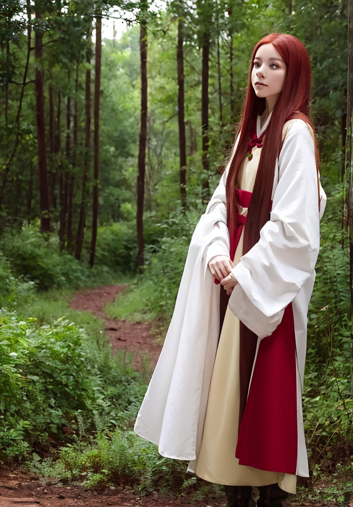 1 girl, solo,  , bright ruby red straight hair,snow-white porcelain skin, bright amber eyes, in peasant clothes (dress shirt and cloak), boots, fantasyйный мир, fantasy, In the woods, looks at the viewer, Best quality, realistic anatomy, masterpiece, a high resolution, accuracy, From head to toe.