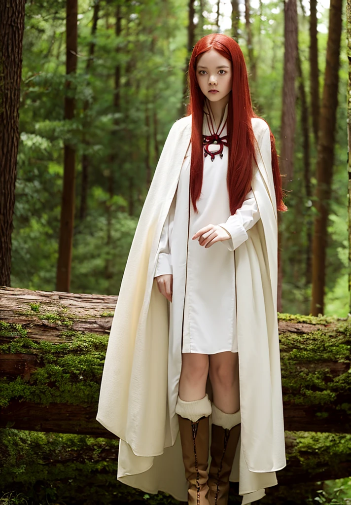 1 girl, solo,  10 years old, bright ruby red straight hair,snow-white porcelain skin, bright amber eyes, in peasant clothes (dress shirt and cloak), boots, fantasyйный мир, fantasy, In the woods, looks at the viewer, Best quality, realistic anatomy, masterpiece, a high resolution, accuracy, From head to toe.