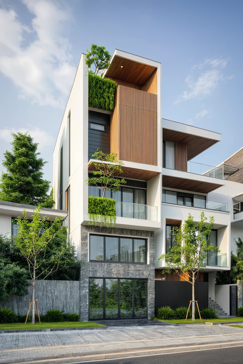modern villa on street, (daylight), tropical tree, green shrub and plants, vivid color, streetcapes, minimalist design, brigth grey tone, large glass door, warm interior lighting, modern material, best quality, ultra realistic, masterpiece, 17ArchiAI_XL_VL-v1
