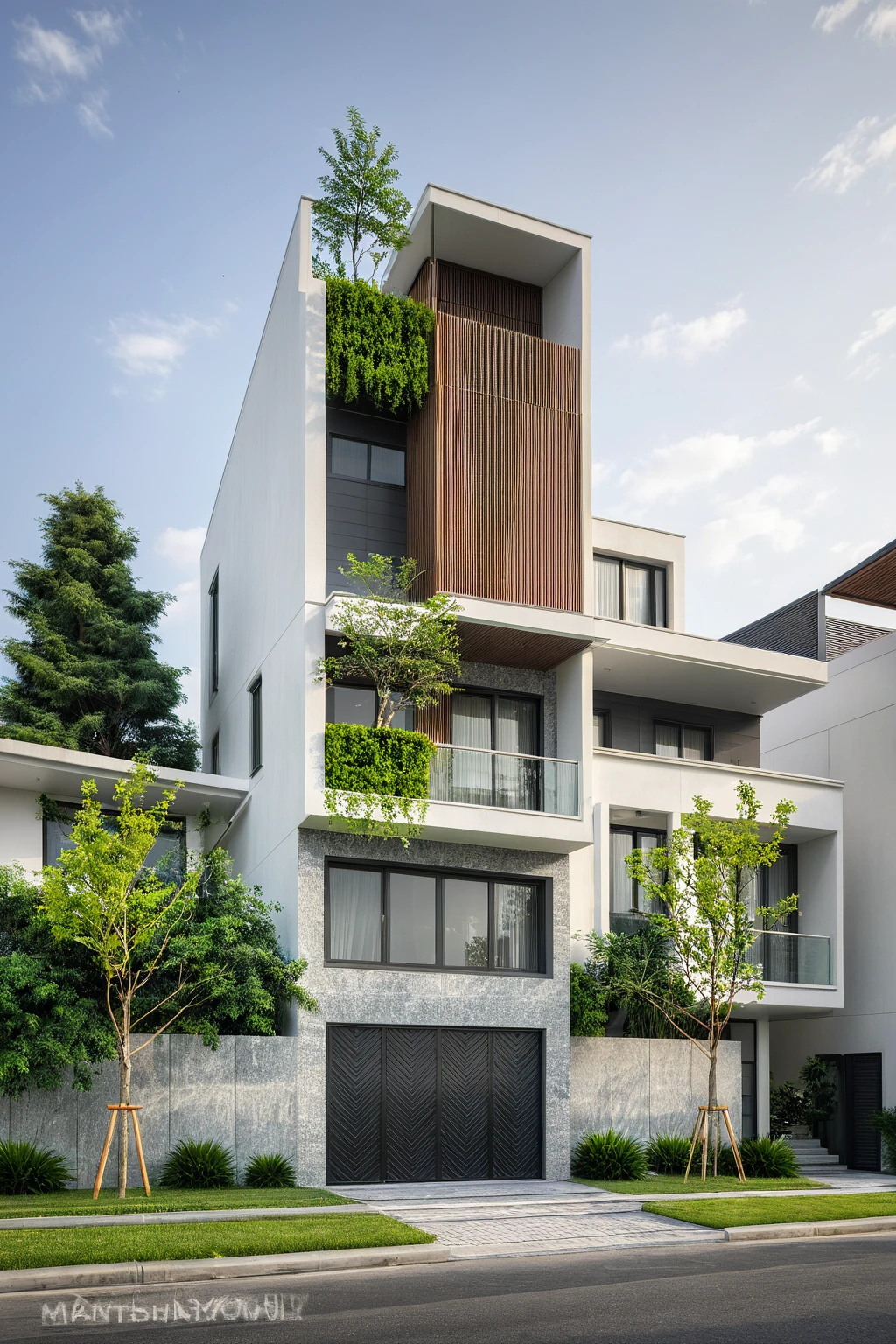 modern villa on street, (daylight), tropical tree, green shrub and plants, vivid color, streetcapes, minimalist design, brigth grey tone, large glass door, warm interior lighting, modern material, best quality, ultra realistic, masterpiece, 17ArchiAI_XL_VL-v1
