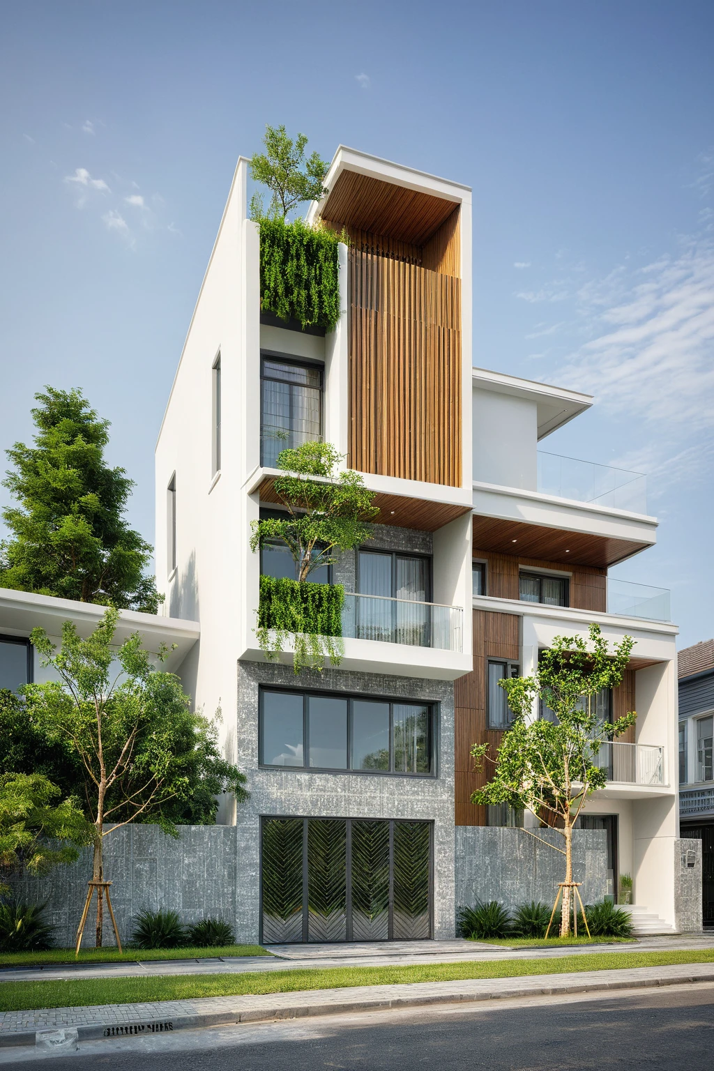 modern villa on street, (daylight), tropical tree, green shrub and plants, vivid color, streetcapes, minimalist design, brigth grey tone, large glass door, warm interior lighting, modern material, best quality, ultra realistic, masterpiece, 17ArchiAI_XL_VL-v1