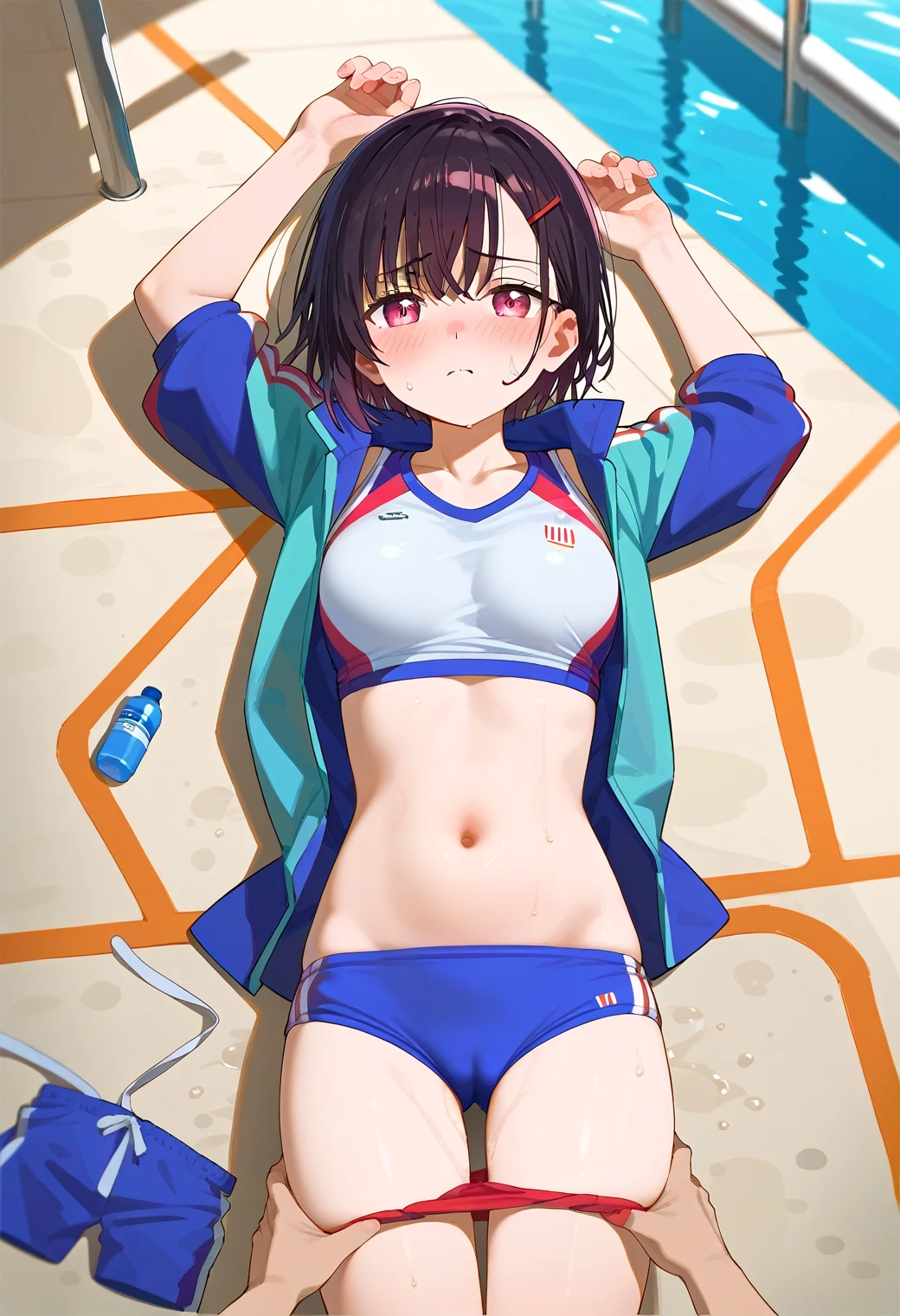 Mikazuki Shizuka, alone,One girl, lie down,Sportswear,belly button,sex,Insert,nsfw,Poolside,blush,BREAKscore_9, score_8_Excellent, score_7_Excellent, anime